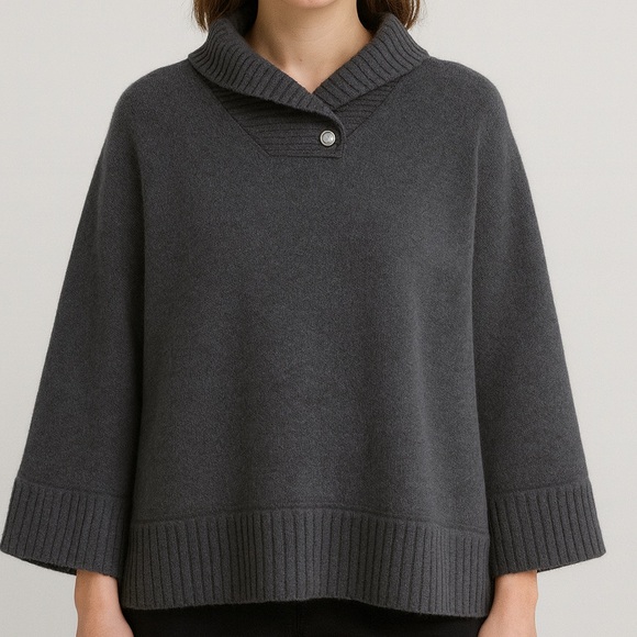 🆕 🇮🇹 Lambswool Angora Portolano Dark Grey Knit Cape Turtleneck Poncho - Picture 1 of 9